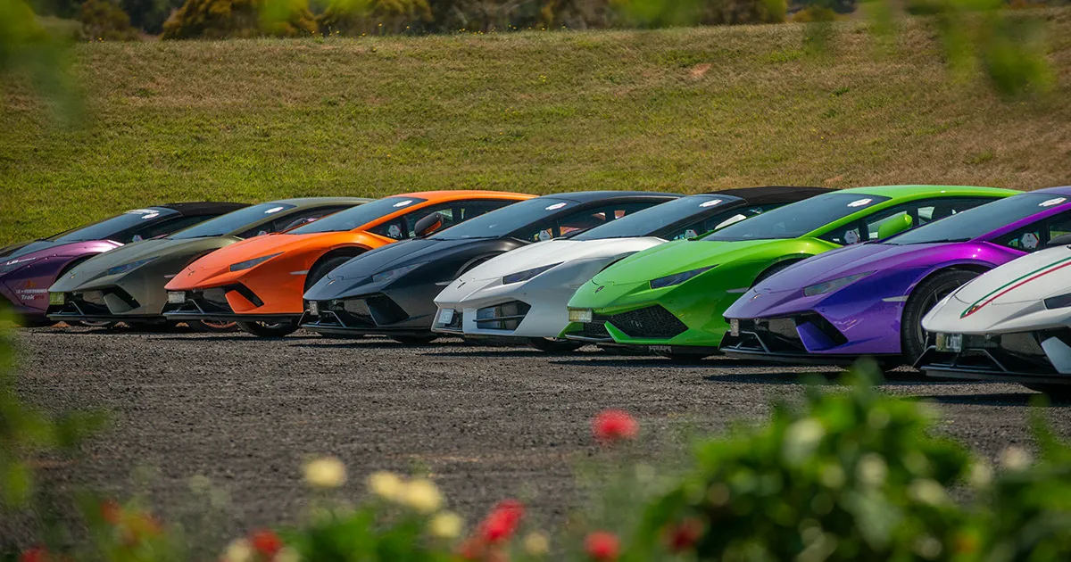 A set of Huracáns awaiting their next mission. A variety of brightly coloured supercars parked in a line.